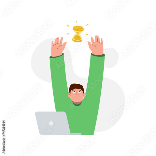 Financial vector artwork to passive income. Vector business illustration, a man in a blue sweater with a laptop. Illustration of a flat-style man investing the money. 