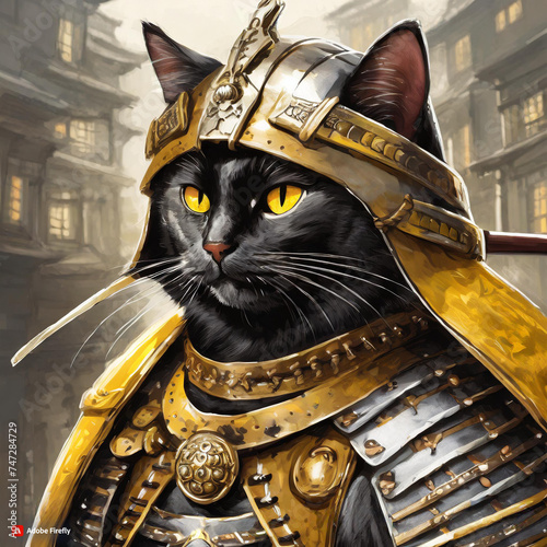 portrait of a black-yellow cat, dressed in Samurai hats and sholo