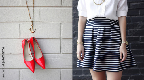 A navy and white striped midi skirt paired with a white collared blouse and red slingback pumps accessorized with a gold anchor necklace. photo