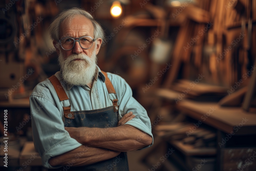 Portrait of carpenter working in woodworking shop. Handsome craftsman in apron standing with crossed arms, looking at camera.