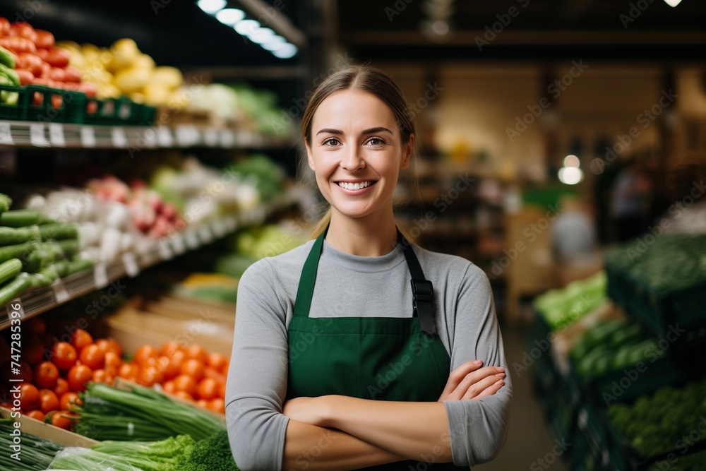 Portrait of  young sales assistant standing in a grocery store, supermarket, in front of shelves with fruits and vegetables. Female store clerk in apron smiling, looking at camera.
