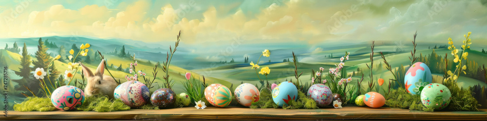 A wooden product display top with an Easter background of painted eggs, rabbit and green grass and meadows. A wooden product display top with an Easter background of painted eggs, rabbit and green grass and meadows.