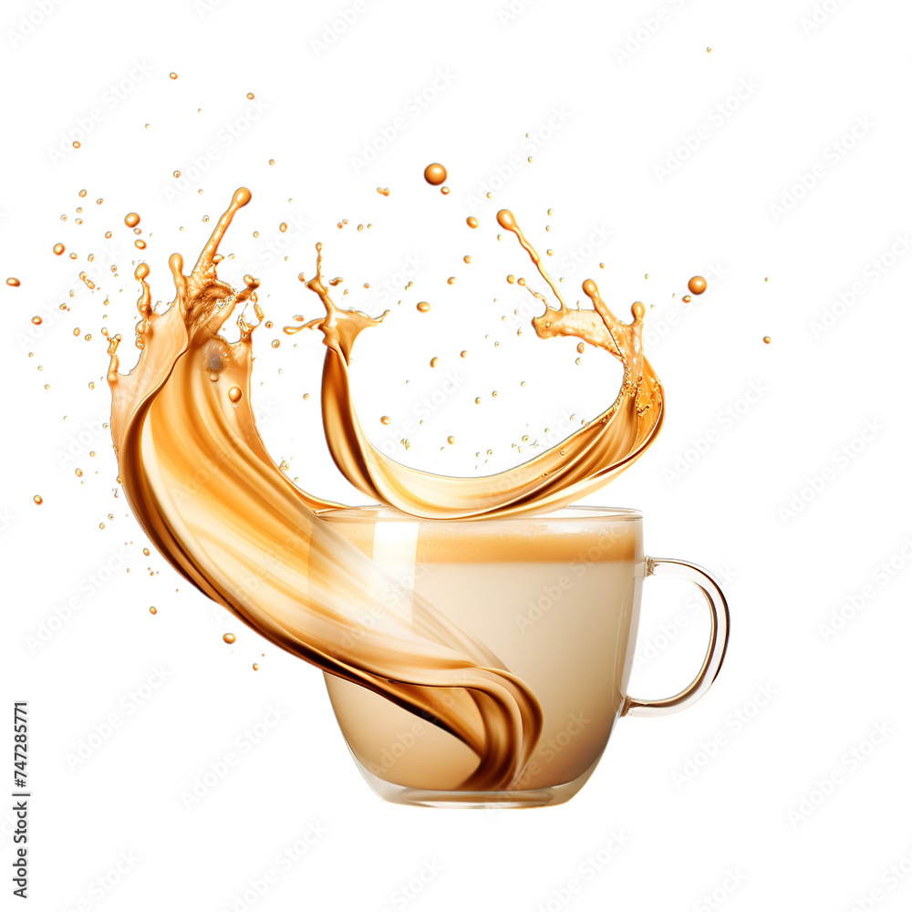 Creamy chai latte and robust black tea splashes isolated on a ...