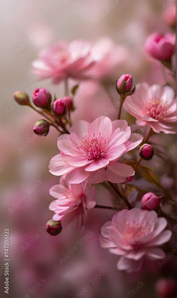 pink blossom,A delicate cluster of pink flowers blooming on a branch, standing out against a dreamy, blurred background of nature's beauty