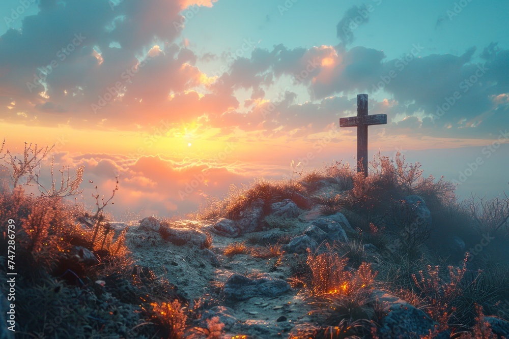 Breathtaking landscape showcasing the beauty of nature with a cross on a mountain, overlooking a vibrant sunset and clouds