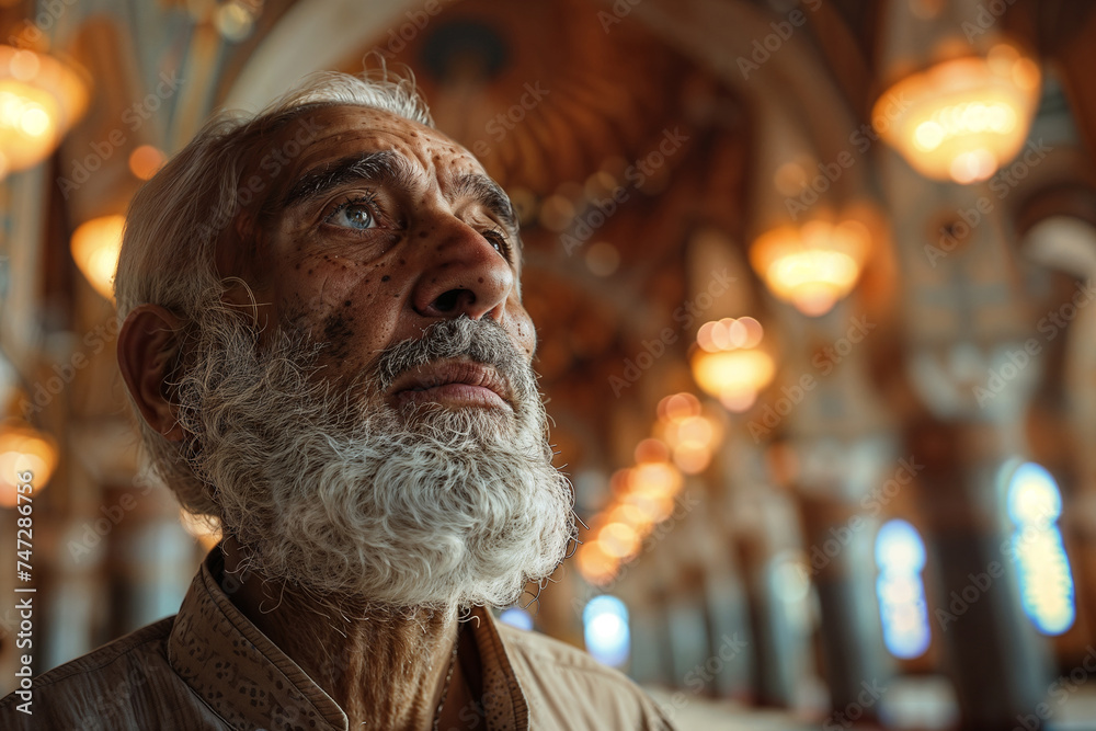 Serene elderly man in contemplation at mosque Serene elderly man in contemplation at mosque