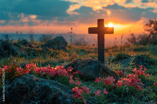 A peaceful composition featuring a cross with a backdrop of sunset colors and spring flowers