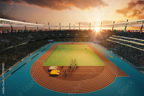 Photography 3D render of sport stadium filled with spectators, workers showcasing an athletic track and field