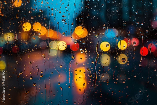 Raindrops on a window, in the style of dark azure and light amber, colorful street scenes, subtle lighting, dark yellow and red, cinquecento, glowing lights, happenings photo
