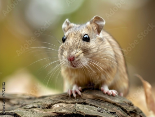 A gerbil standing on a tree bark with a surprised look.