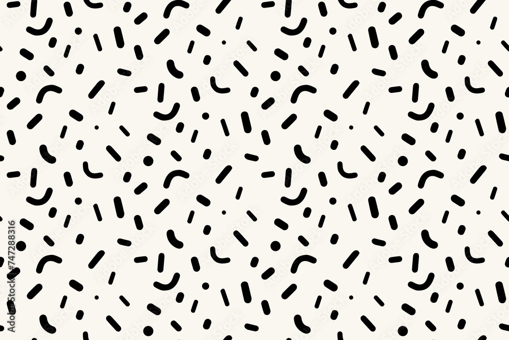 Irregular sprinkles pattern, black and white seamless texture, geometric scatter random pieces