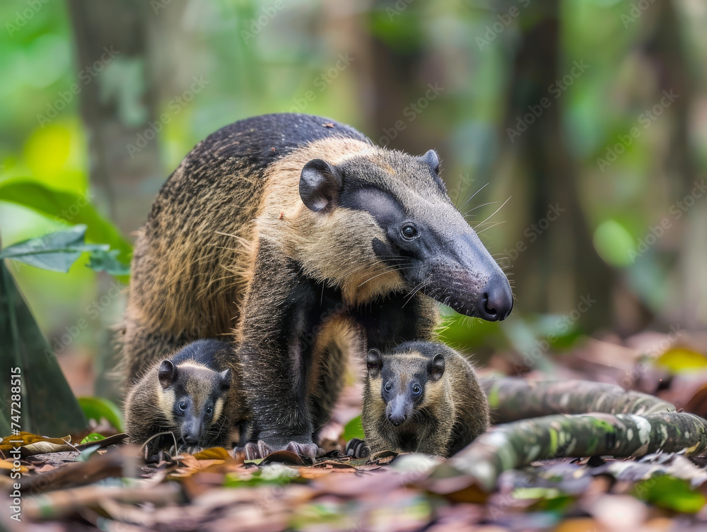 Obraz premium Mother anteater with babies strolling through a lush forest.