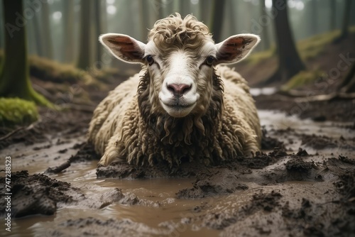 sheep stuck in mud in forest