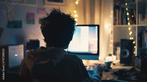 A focused individual working late into the night, illuminated by the soft glow of their computer screen