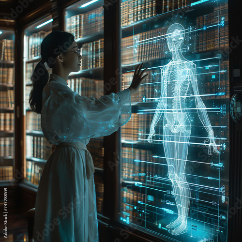 A scholar interacts with a hologram archive in an electronic library, where history meets technology. Generative ai. photo