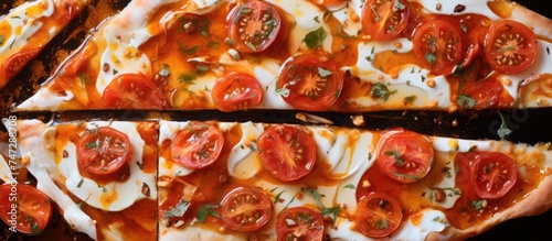 This top-down view showcases a sliced Italian margherita pizza with vibrant red tomatoes and melted cheese, drizzled with oil. The appetizing pizza is ready to be enjoyed.