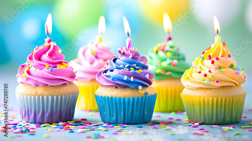Colorful Birthday Cupcakes with Candles and Sprinkles