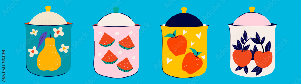 Set of dishes in hand drawn trendy style. Groovy design. Table service. Vector illustration. Handmade Tableware Vibrant color. Flower. Elements. Flat style. Ceramic Crockery. Abstract postcard Set of dishes in hand drawn trendy style. Groovy design. Table service. Vector illustration. Handmade Tableware Vibrant color. Flower. Elements. Flat style. Ceramic Crockery. Abstract postcard