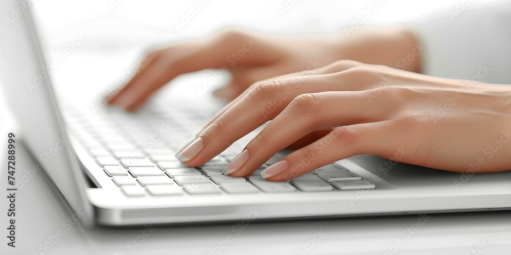 Person typing on laptop fingers on keyboard closeup shot workspace detail. Concept Work From Home, Technology, Typing, Close-up, Office Setup Person typing on laptop fingers on keyboard closeup shot workspace detail. Concept Work From Home, Technology, Typing, Close-up, Office Setup