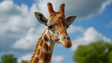 Giraffe Portrait Closeup Blue Sky Background