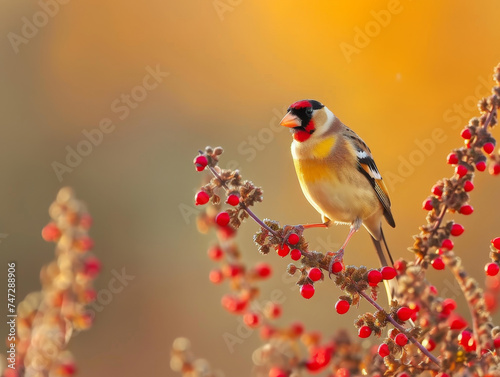 A vibrant goldfinch perched on a branch with autumn leaves and berries, a soft bokeh background. © Jan