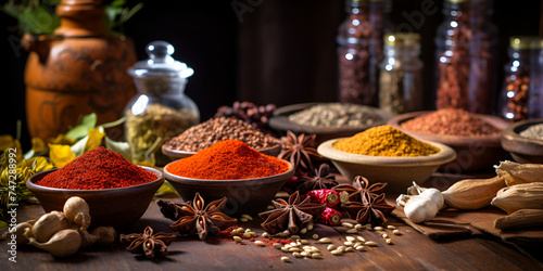 Wooden table topped with bowls filled with different types of spices. Colorful spice collection featuring a variety of spices and herbs. Arrangement of spices