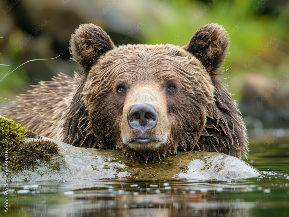 A grizzly bear sits in the water, resting its head and gazing forward. A grizzly bear sits in the water, resting its head and gazing forward.
