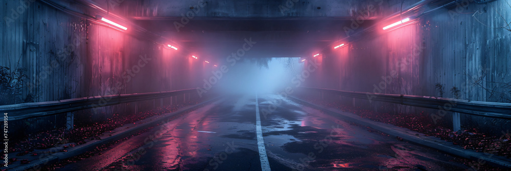 Wet road leading through an illuminated tunnel with red lights and fog. Cyberpunk atmosphere. Urban exploration concept for design and wallpaper with copy space.