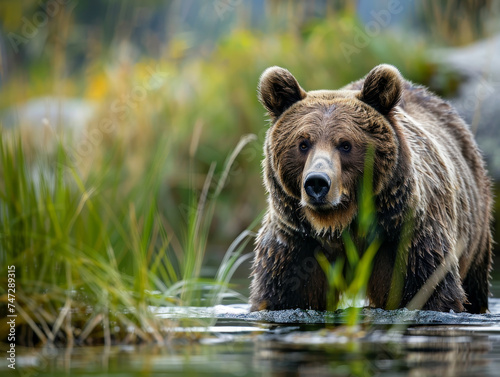 A grizzly bear stands in water amidst green foliage, gazing forward. © Jan
