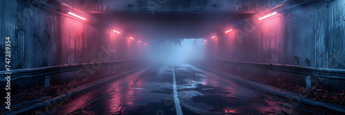Wet road leading through an illuminated tunnel with red lights and fog. Cyberpunk atmosphere. Urban exploration concept for design and wallpaper with copy space. © Dmitry