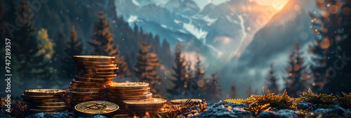"Stacks of Bitcoin coins on a mossy rock with a snowy mountain landscape in the background. Cryptocurrency investment and nature. Financial growth concept for design and wallpaper with copy space