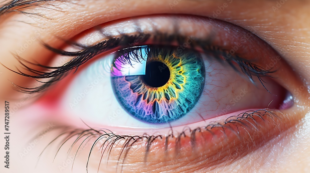 A close-up image of a human eye with vibrant, multicolored iris patterns and visible eyelashes. The skin tone surrounding the eye cannot be precisely determined due to tight framing - obrazy, fototapety, plakaty 