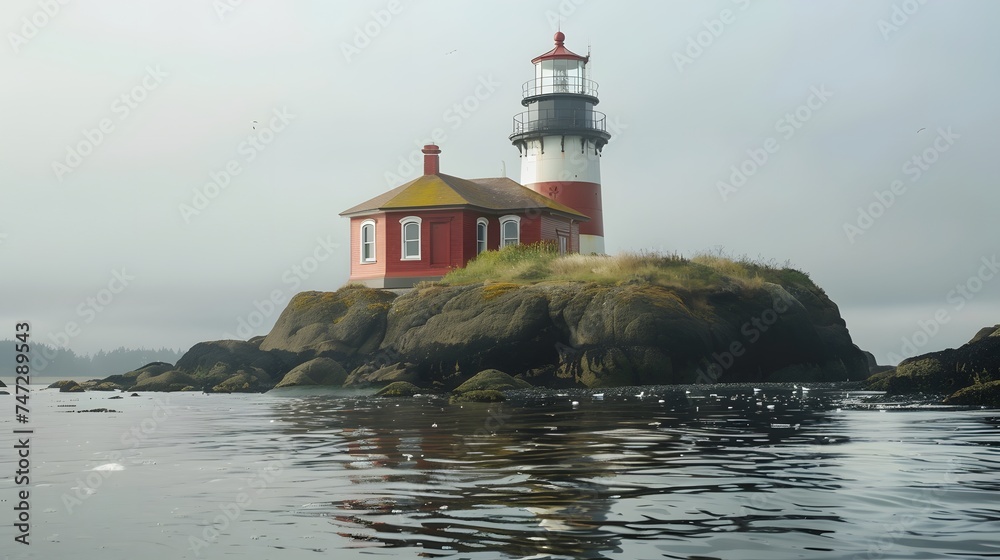Secluded Red and White Lighthouse on a Rocky Outcrop with Foggy Backdrop