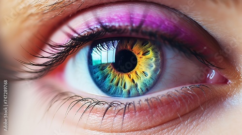 A close-up image of a human eye with vibrant, multicolored iris patterns and visible eyelashes. The skin tone surrounding the eye cannot be precisely determined due to tight framing