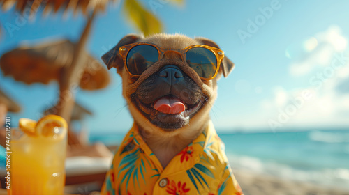 Portrait of a happy pug wearing trendy mirror sunglasses and Hawaiian shirt sitting on the tropical beach with glass of orange juice
