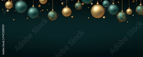 Green christmas background with baubles and stars. 