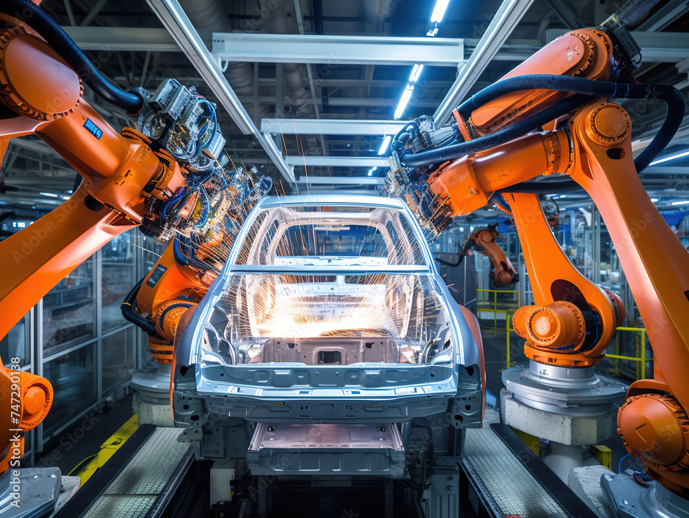 The welding arm is welding on the automobile production line.