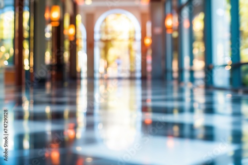 Corridor with blurred windows and light, blurred landscapes, shiny/glossy, innovating techniques, detail-oriented, defocused tabletop photography.