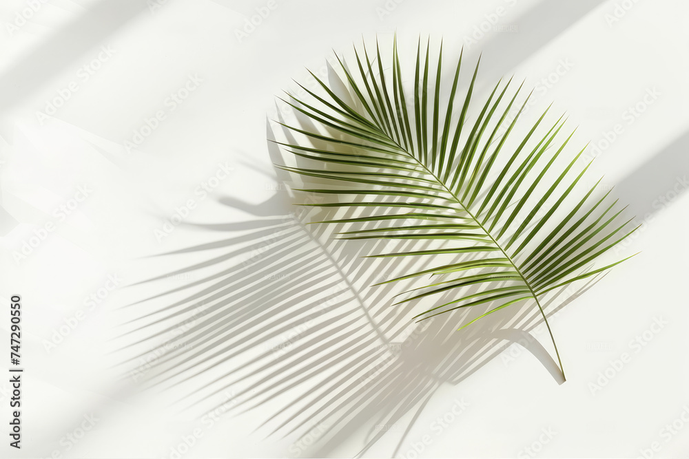 Fototapeta premium Sunlit Green Palm Leaf Casting Shadow on a Bright White Background