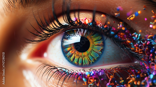 Close-up image of an eye with vibrant, multi-colored iris, long eyelashes, and decorated with colorful makeup or gems. Skin tone isn't fully visible