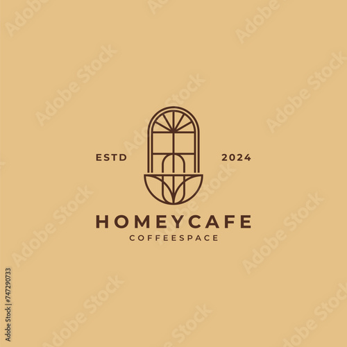 a cup of coffee in front of a window in line art style for a retro coffee shop logo