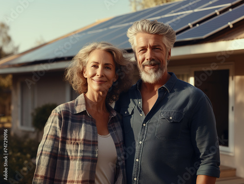 Mature couple proudly standing before their abode adorned with eco-friendly solar panels.