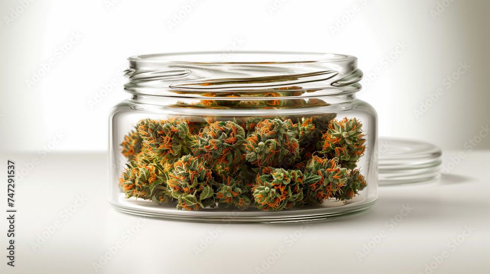Jar with dried cannabis buds - obrazy, fototapety, plakaty 