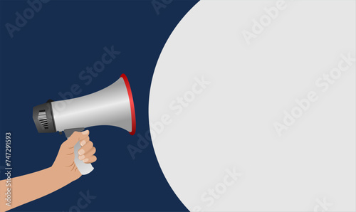 Girl hand holding megaphone with speech white bubble on blue background banner poster. For exclusive discounts and special offers.