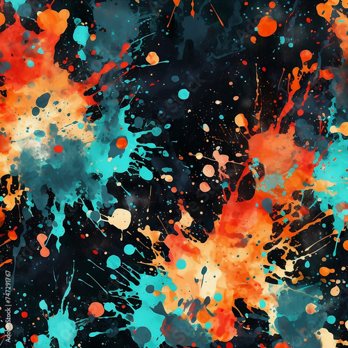 A colorful pattern of paint splats on a dark surface, in the style of dark orange and dark aquamarine, graffiti-inspired, wallpaper, primitivist frenzy, aquarellist, 1:1. photo