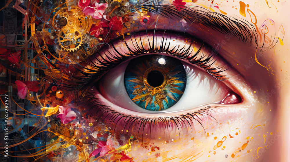 Vibrant digital artwork of a human eye with intricate steampunk elements and lively splashes of color, merging realism with fantasy