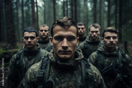 Picture of confident strong soldiers fully equipped looking camera in a forest made with generative ai