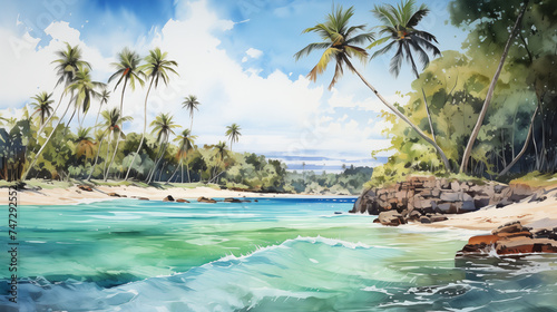Sandy beach with crystal-clear turquoise waters lined by lush palm trees swaying in a gentle breeze under a sunny sky. Watercolor painting illustration.
