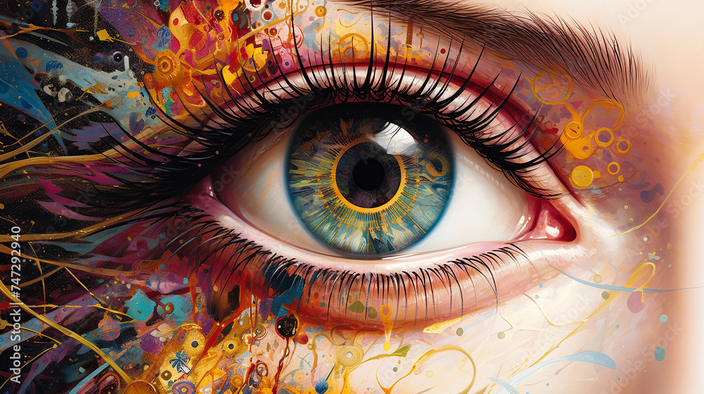 Vibrant digital artwork of a human eye with intricate steampunk elements and lively splashes of color, merging realism with fantasy