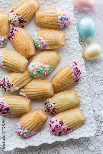 A platter of vanilla Madeleines decorated for Easter.